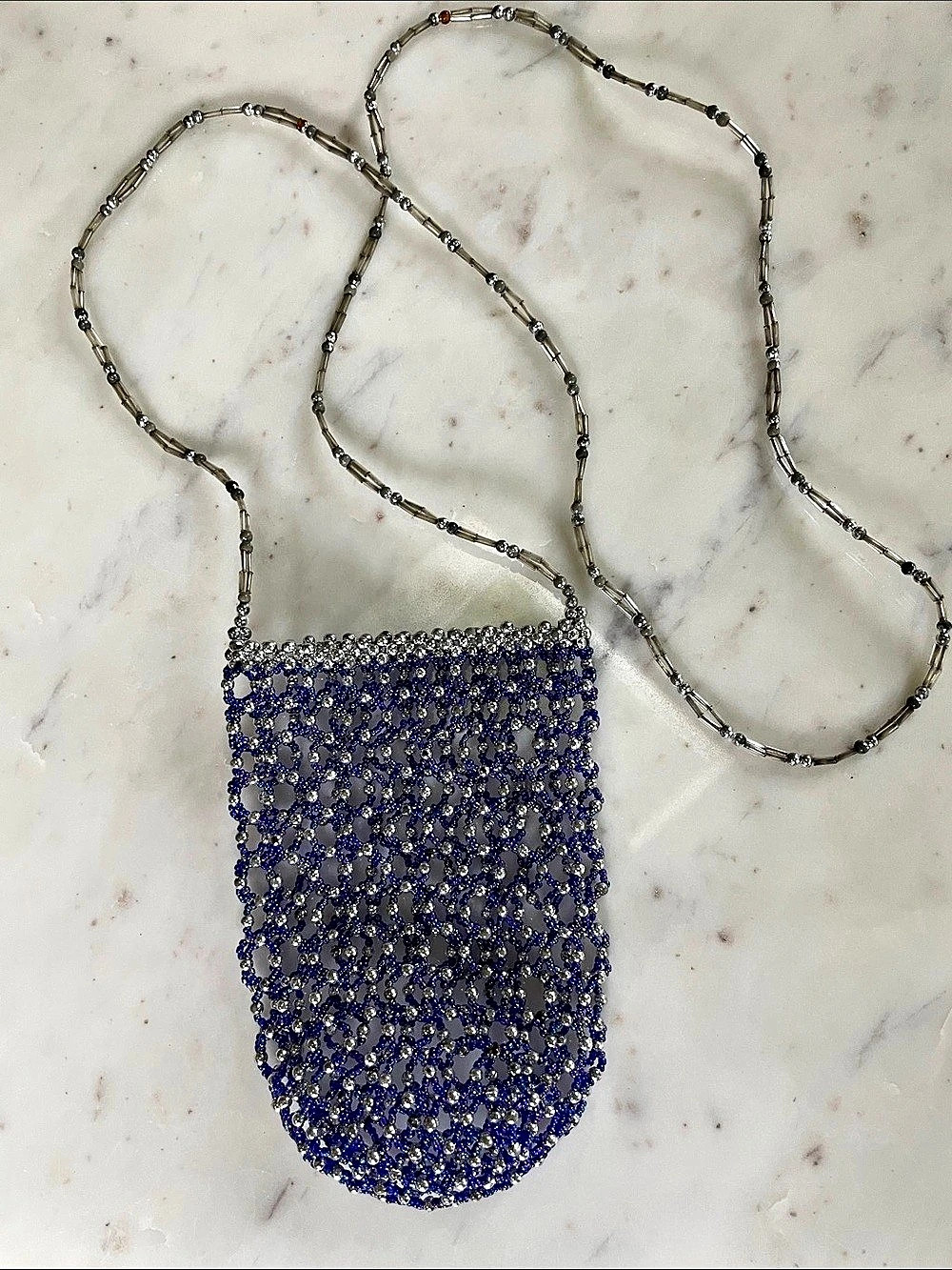 Phone Holder Blue & Silver Beaded Mini Bag Like New
